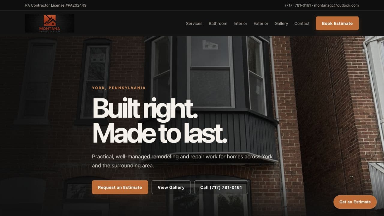 Montana Construction and General Contracting website homepage